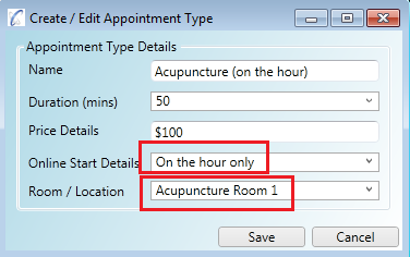 Appointment type set for Acupuncture Room 1 which has a start time setting of On The Hour