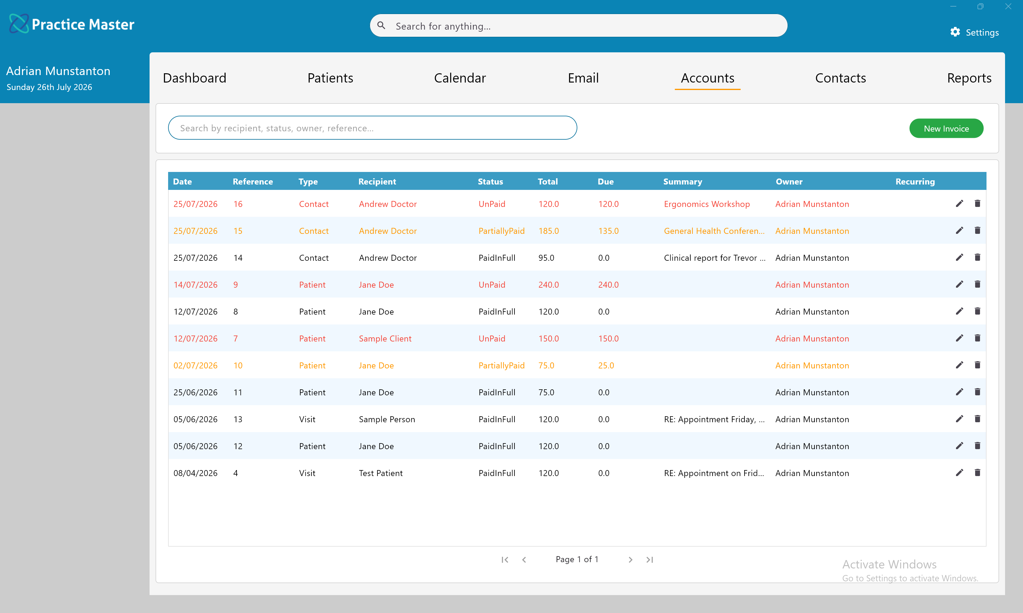 Patient accounts screen in Practice Master Pro