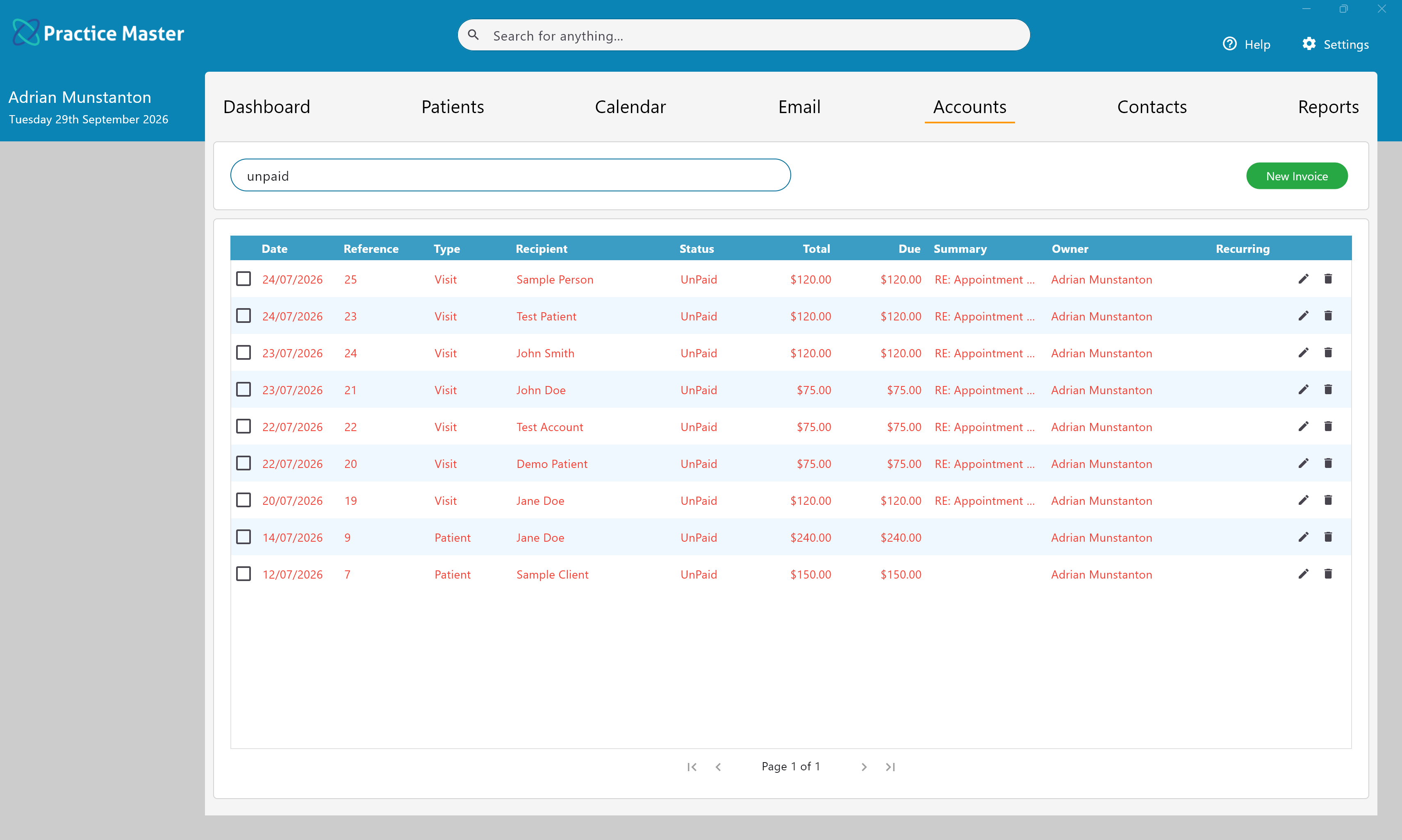 Practice Master Pro accounts filtered to show unpaid invoices