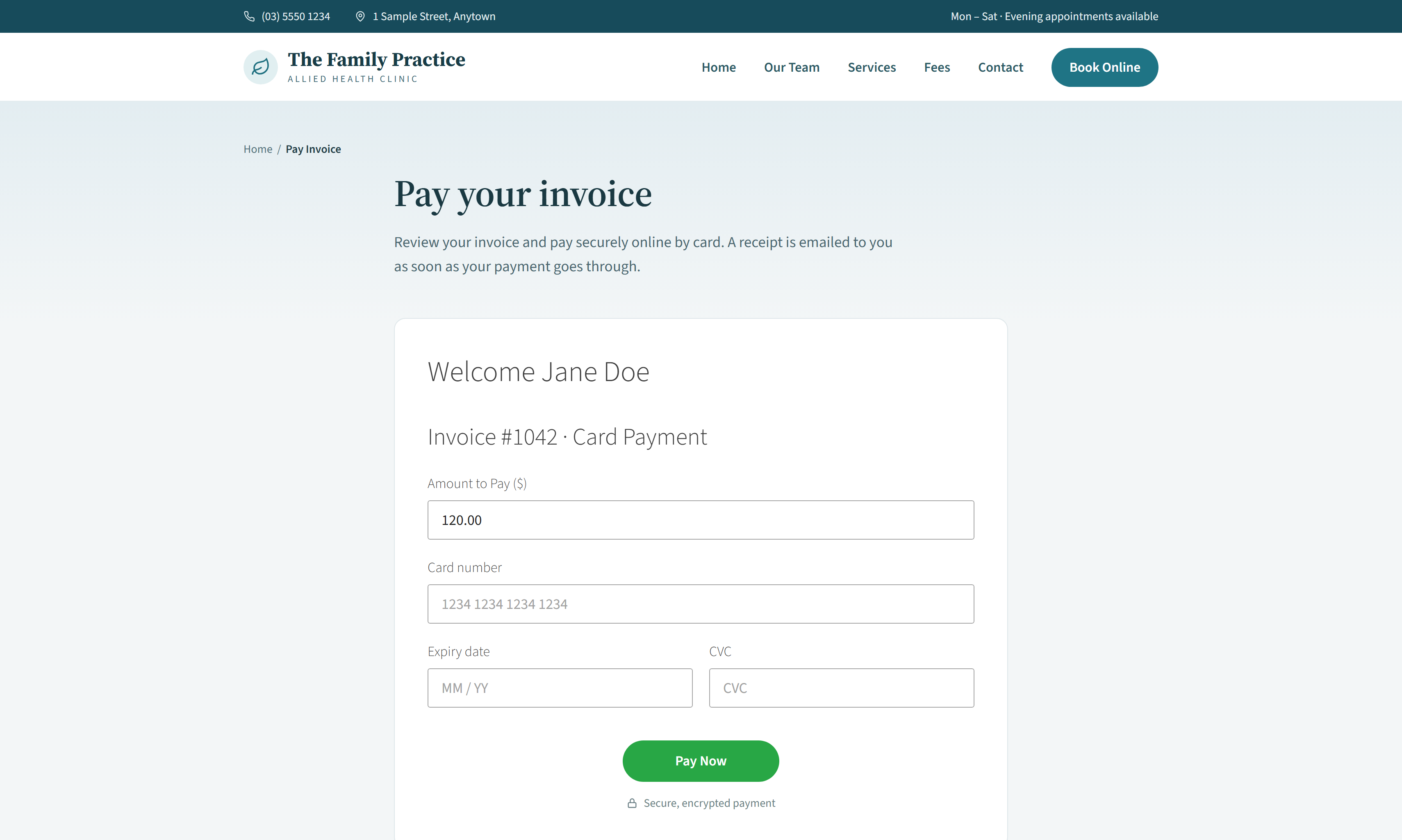 Practice Master Pro hosted patient invoice for online payment