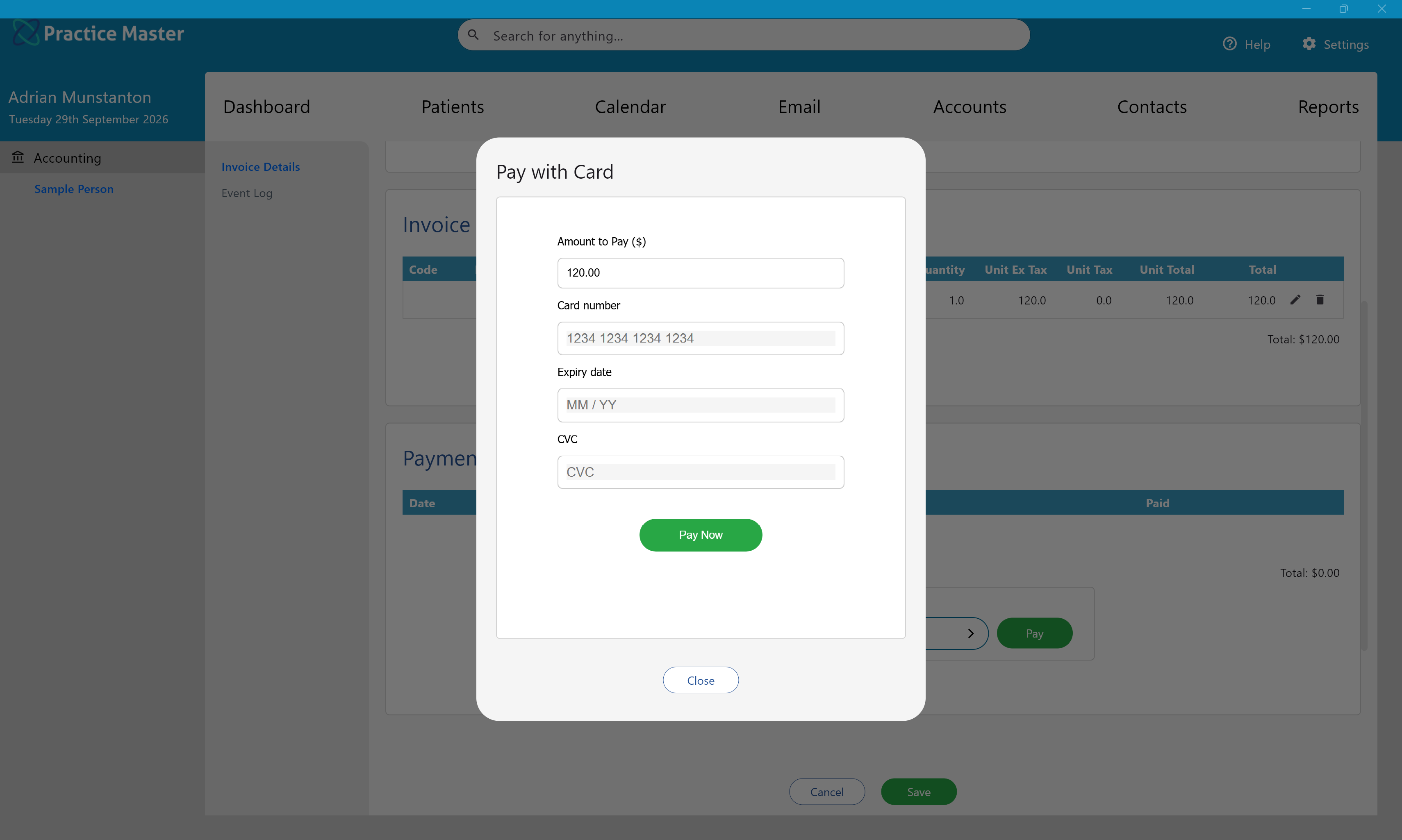 Card payment workflow within Practice Master Pro patient accounts
