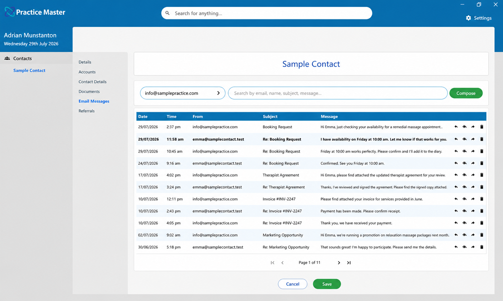 Sent and received email history in a Practice Master Pro contact record