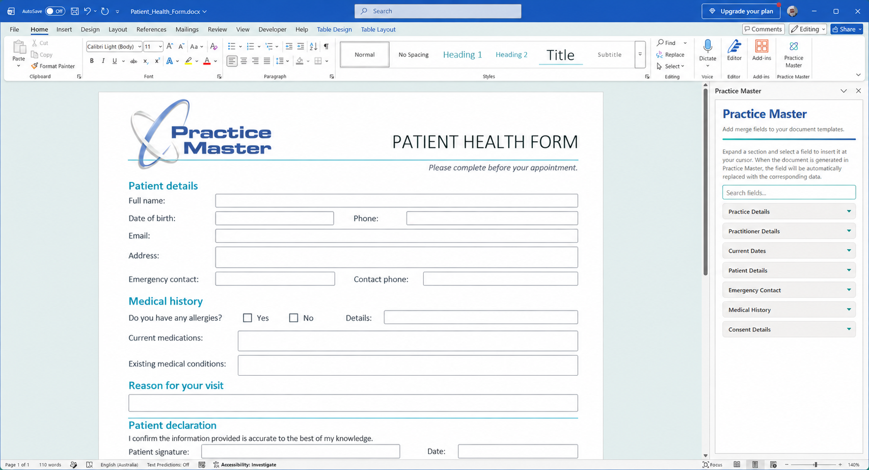 Create professional forms in Microsoft Word that can be filled in by your patients