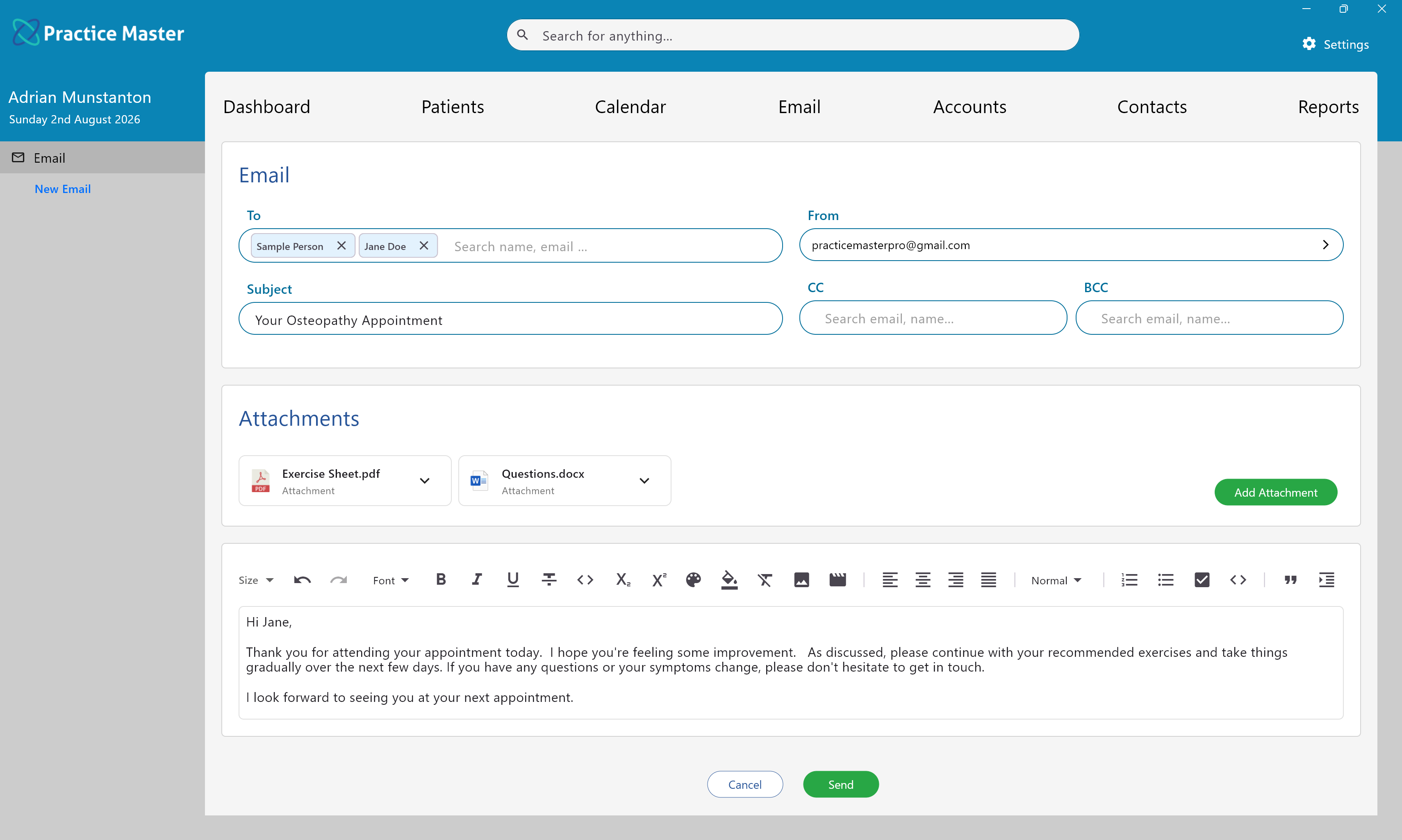 Composing an email in Practice Master Pro