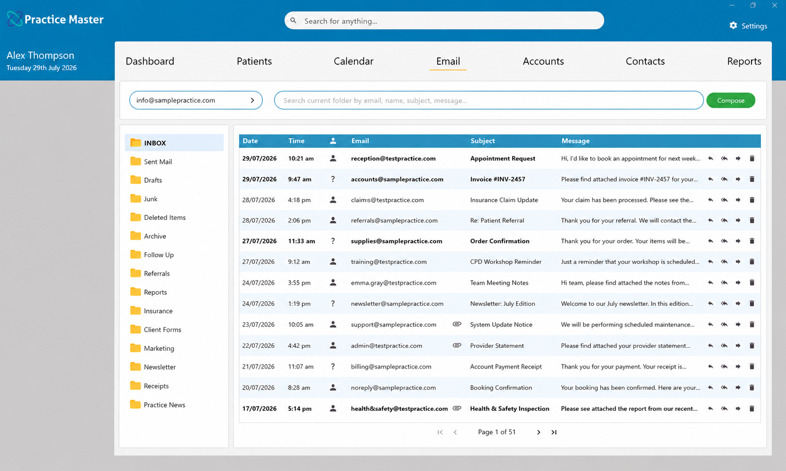 Integrated email inbox in Practice Master Pro