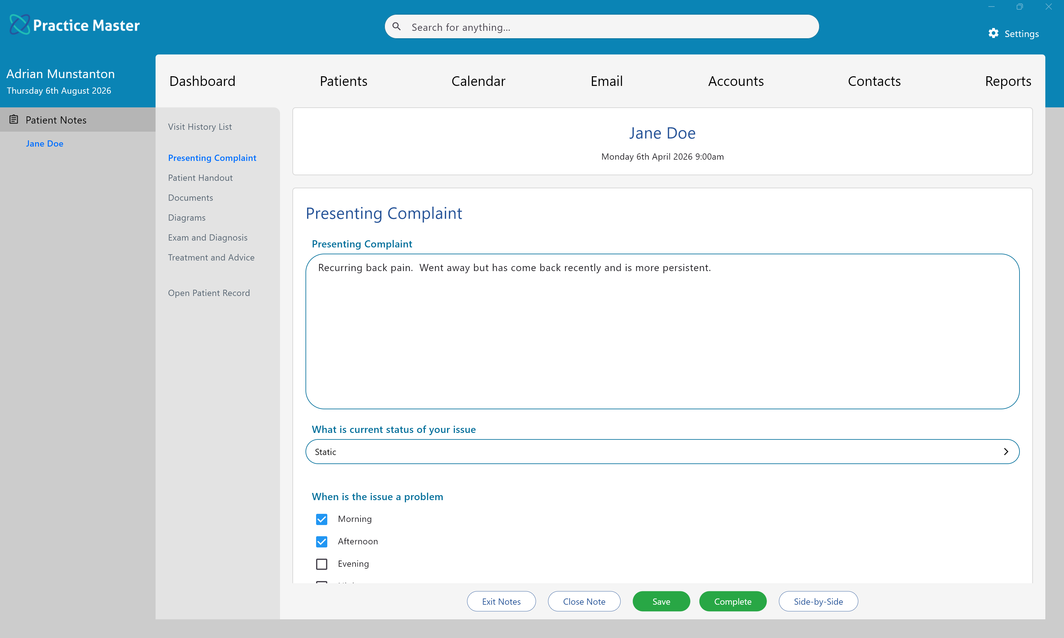 Practice Master Pro custom patient notes form with structured questions