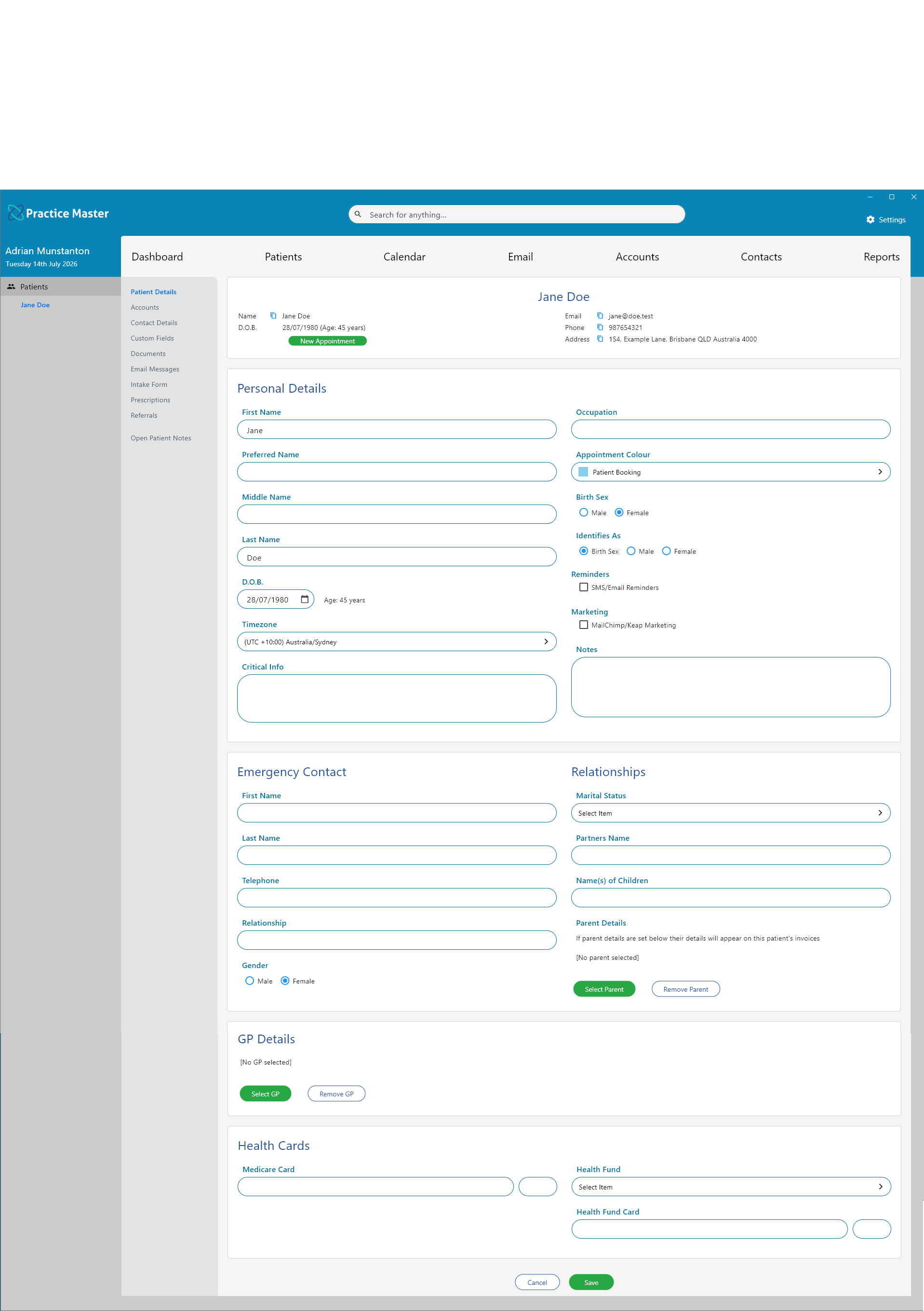Patient record details in Practice Master Pro