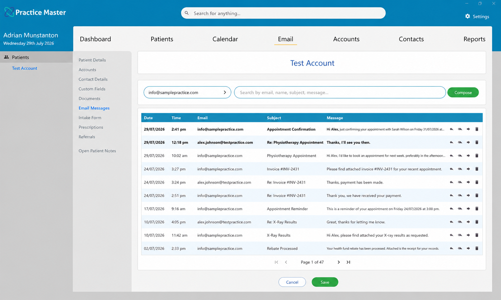 Patient email correspondence within Practice Master Pro