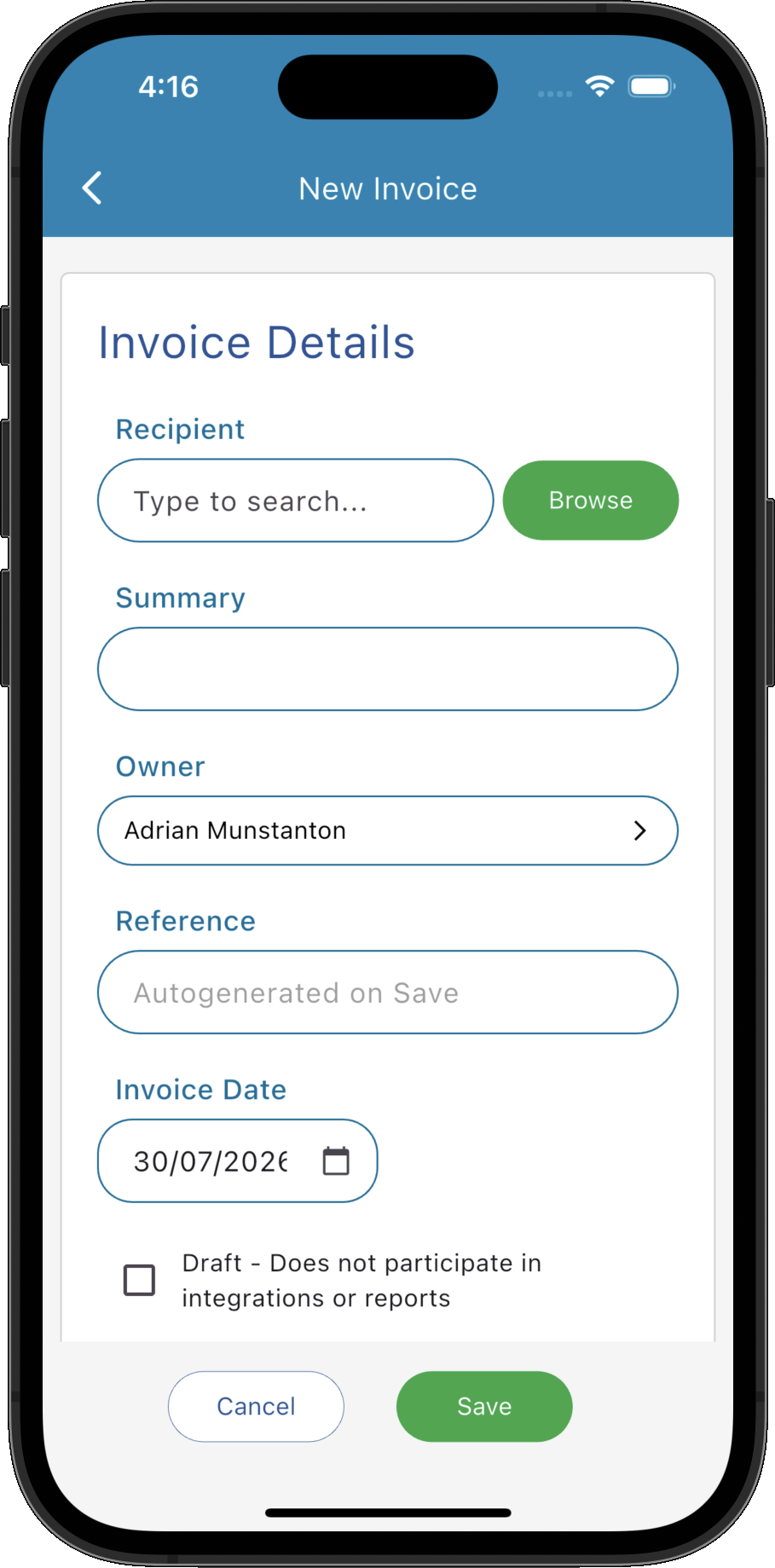 Customisable invoice with business branding in Practice Master Pro