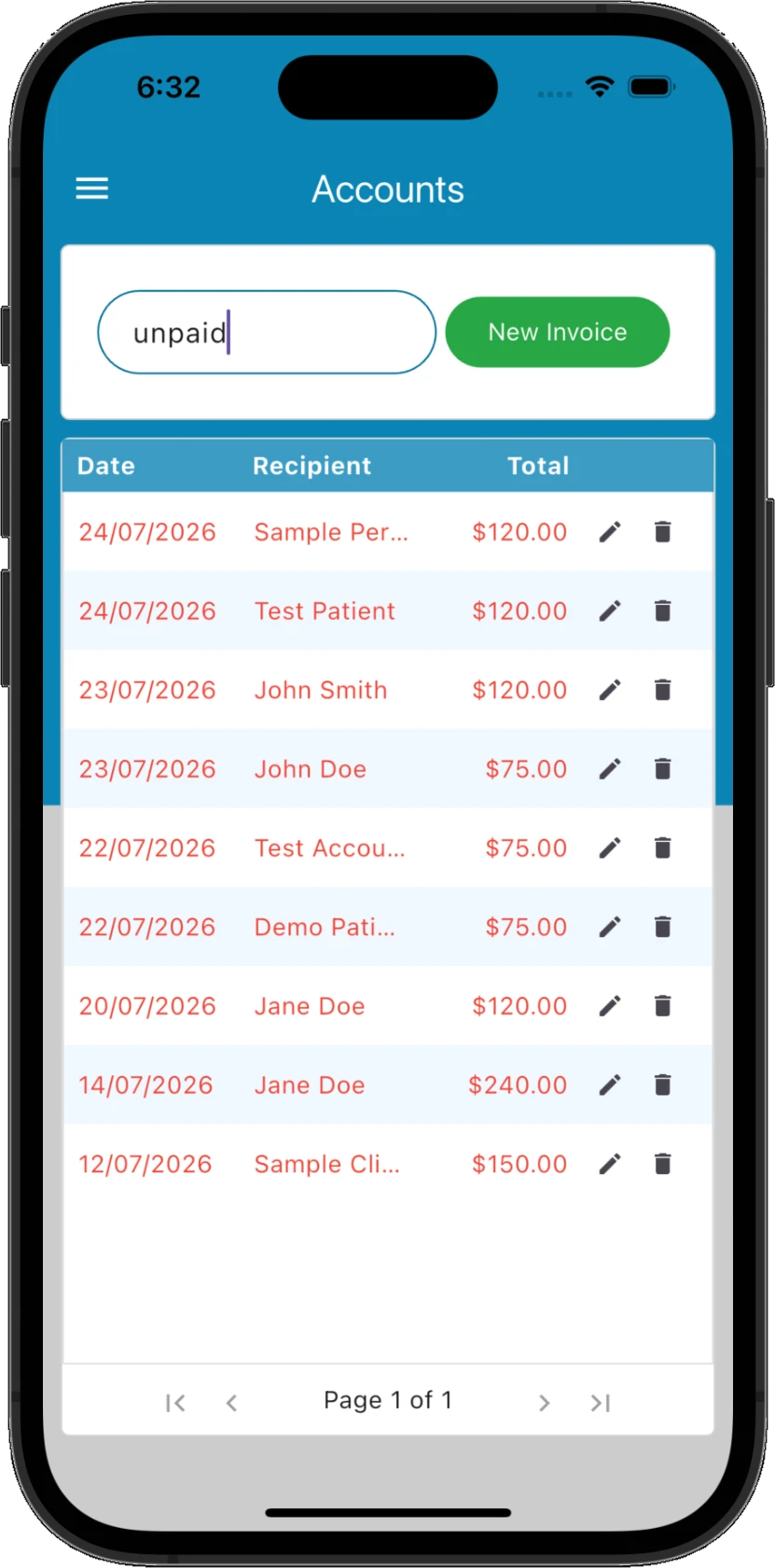 Practice Master Pro accounts filtered to show unpaid invoices