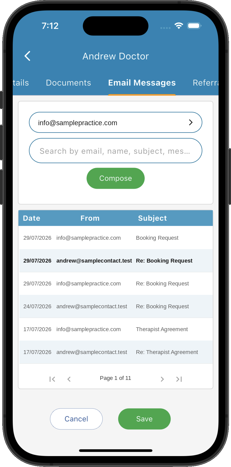 Sent and received email history in a Practice Master Pro contact record