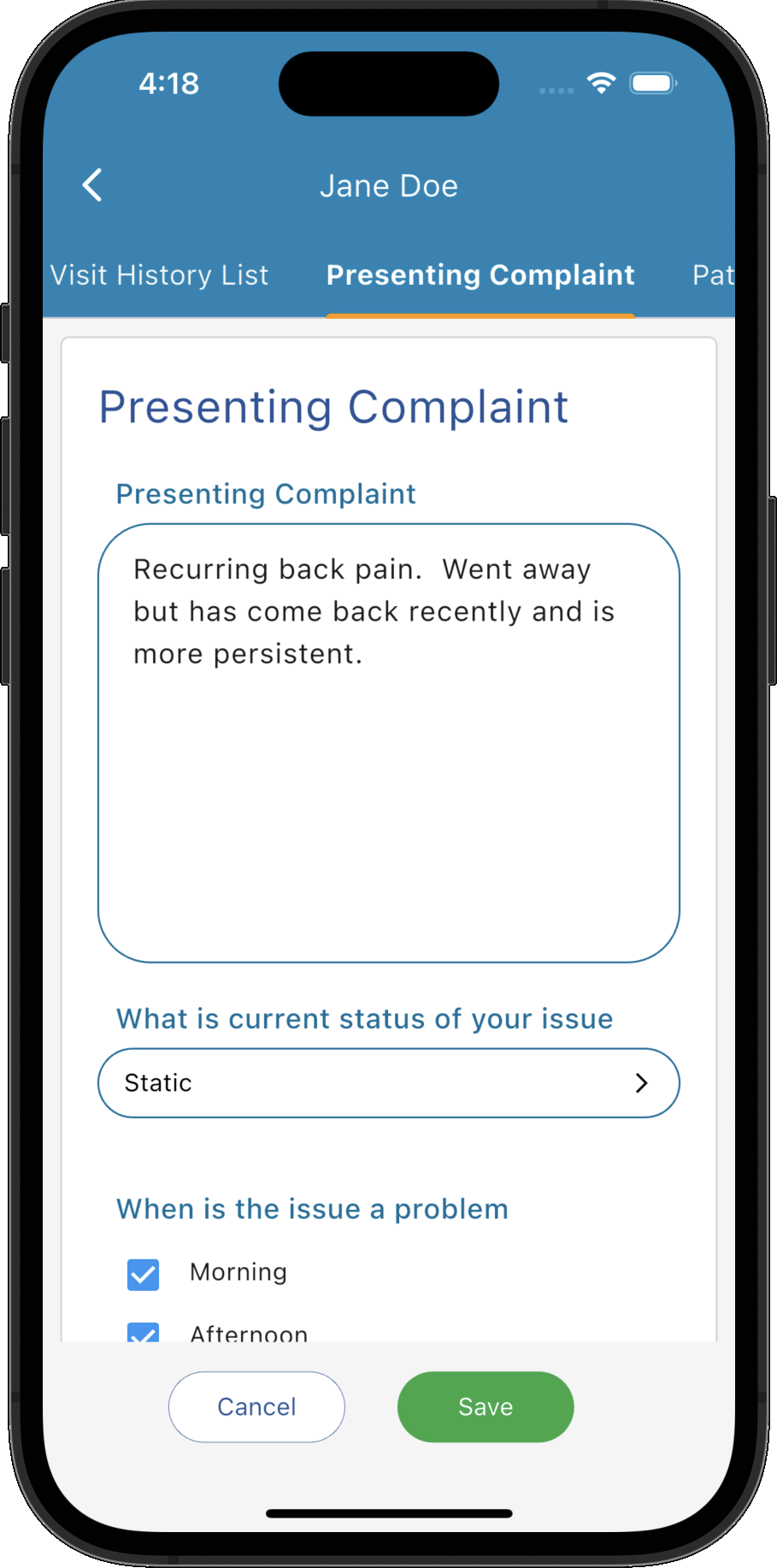 Practice Master Pro custom patient notes form with structured questions