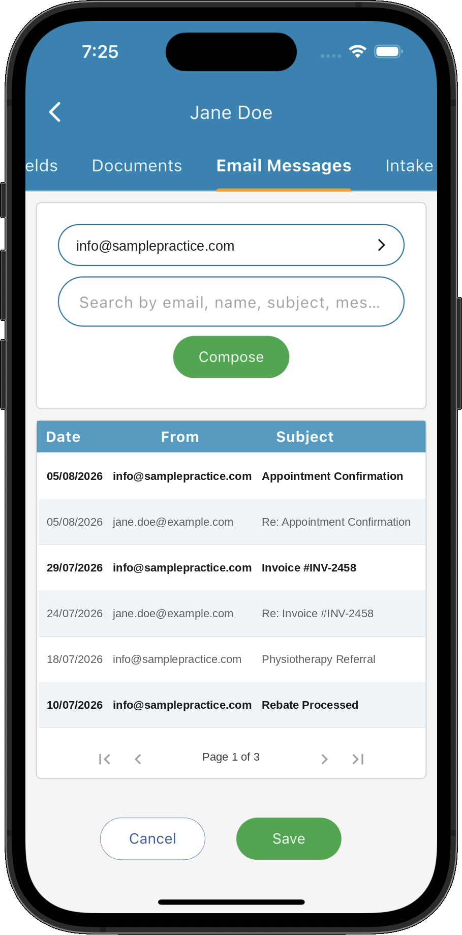 Patient email correspondence within Practice Master Pro